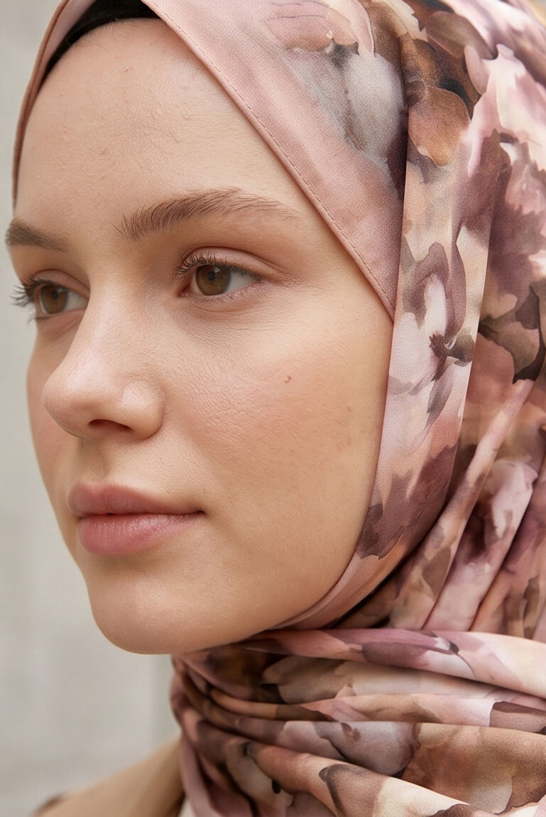 Pudra Gül Desenli Şık Tesettür Şal