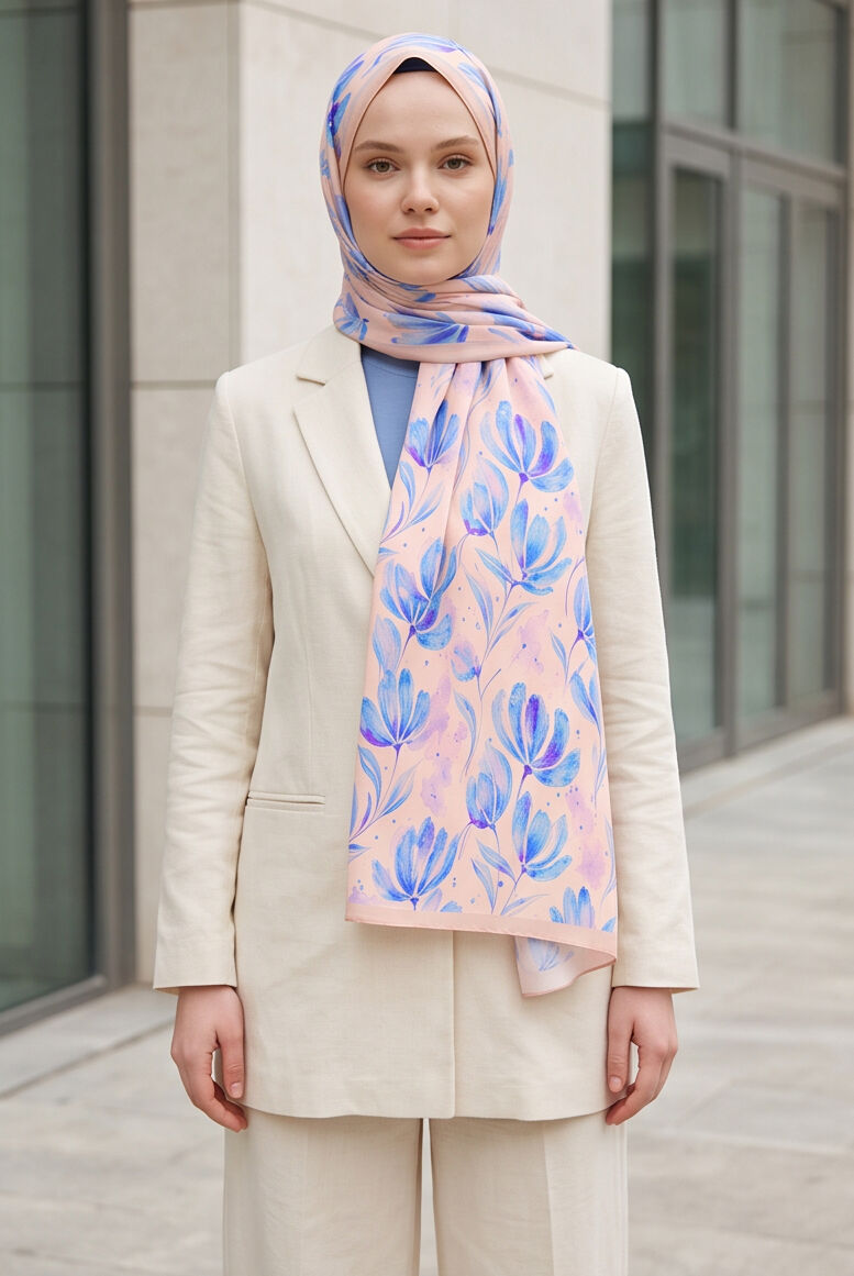 Soft Zarafet: Pudra Pembe & Mavi Çiçekli Şal